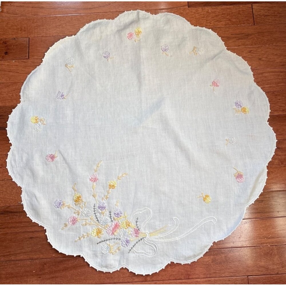 24" Embroidered Floral Lace Edge Tablecloth Pastel Lavender Yellow Pink Vtg